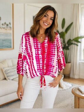 Ali Miles Bright Pink & White Tie-die Detail Stitching on Sleeves Top Size S